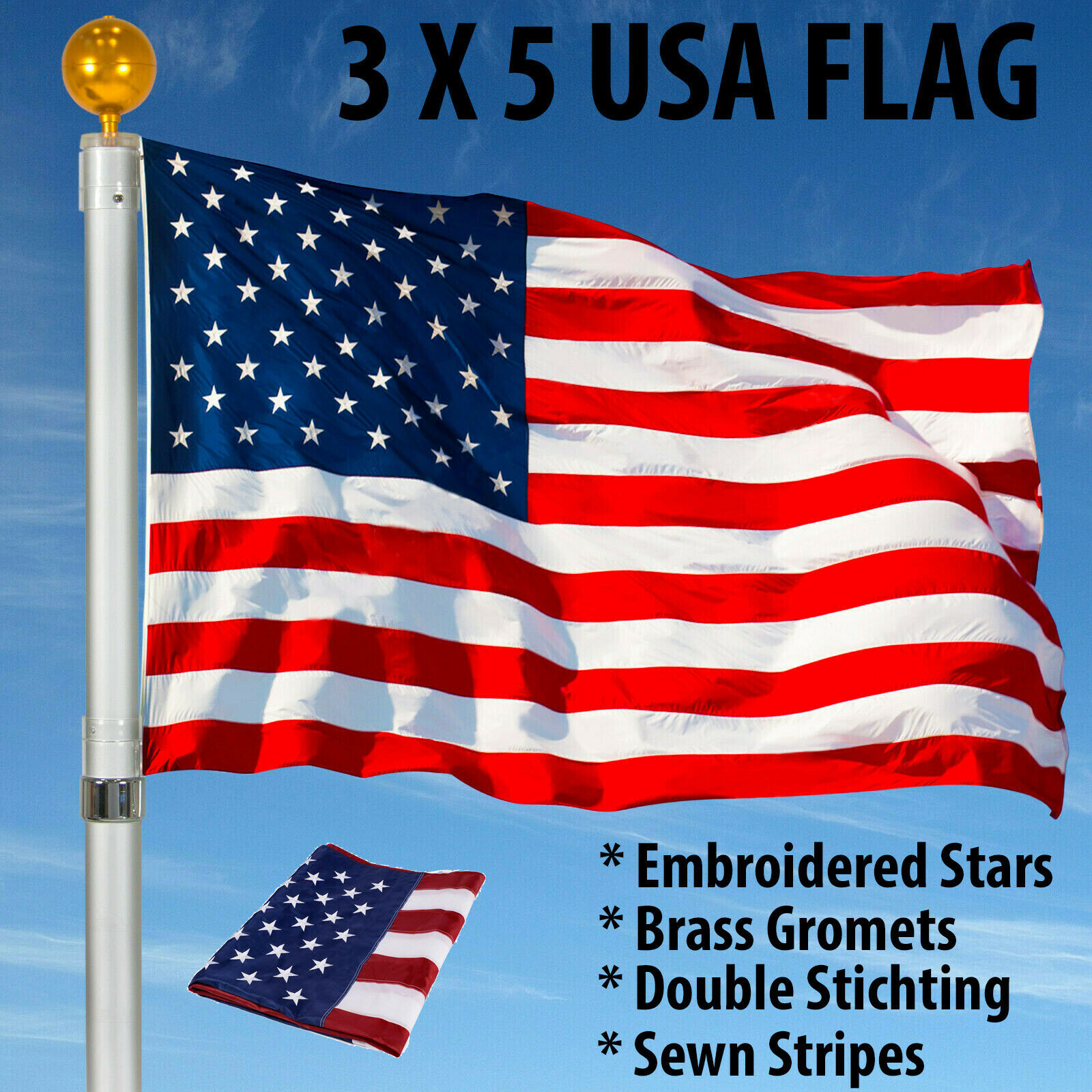 3'x5' Ft American Flag Us Usa | Embroidered Stars| Sewn Stripes| Brass Grommets