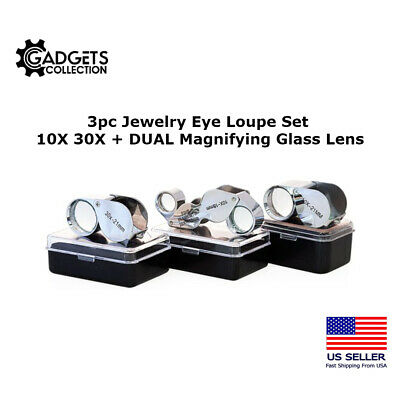 3pc Jewelers Jewelry Eye Loupe Set 10x 30x + 10x-20x Dual Magnifying Glass Lens